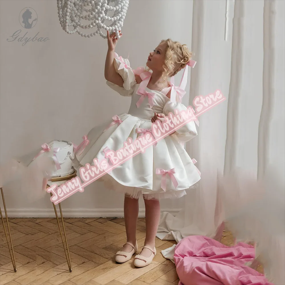 White Satin Wedding Elegance Flowers Girl Dress Bow Beauty Pageant Ball Party Birthday Evening Party Communion Princess Gowns