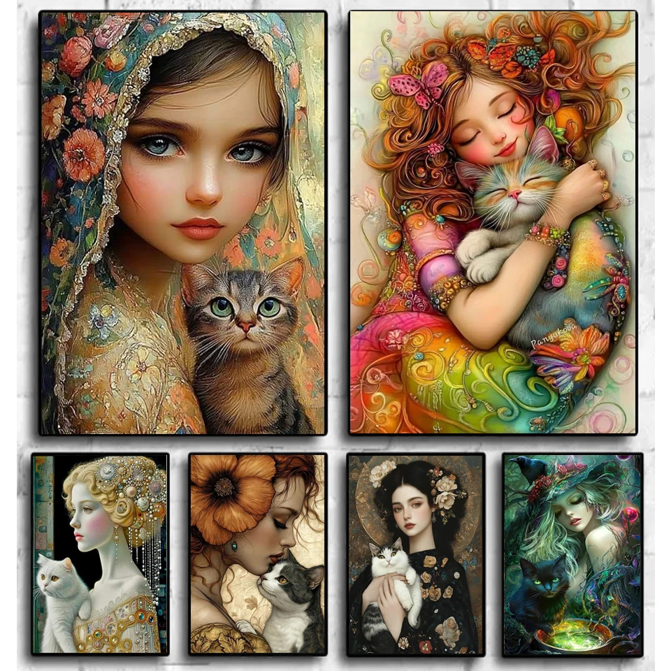

Алмазная вышивка 5D: Девочка и кошка на фоне пейзажа. Распродажа! Мозаичное искусство для домашнего декора.