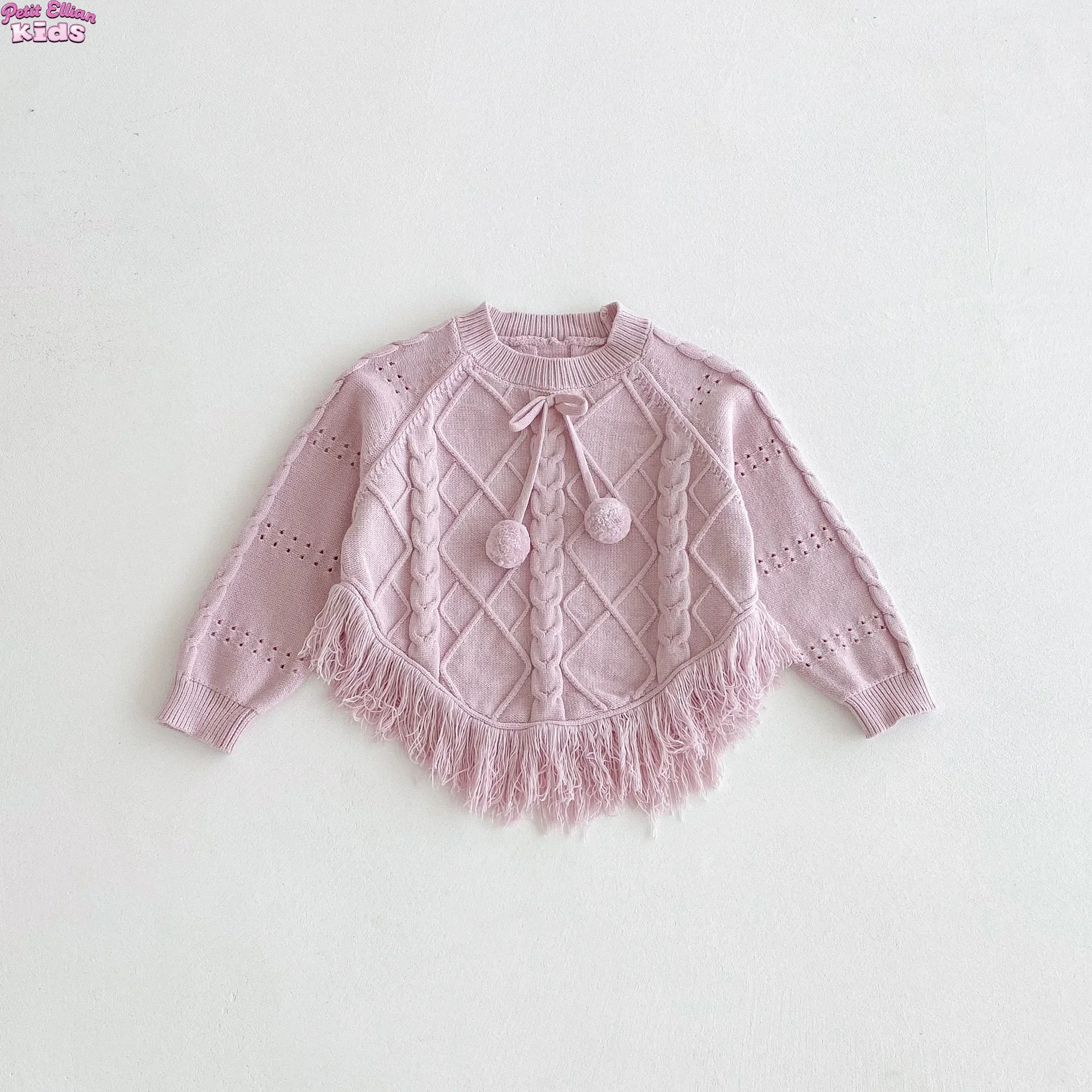 

Toddler Baby Girl 1-4Y Cable Knit Baby Sweater Tassel Hem and Pom-Pom Bow Sweet Casual Infant Knit Top Winter Clothes for Kids