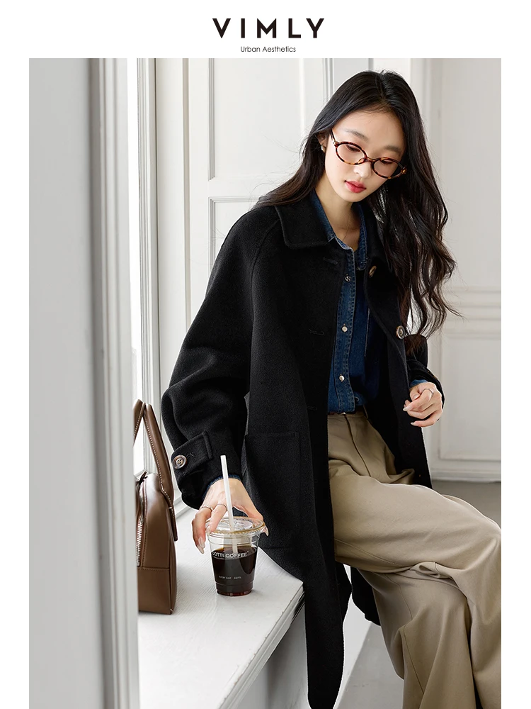 Vimly Double Faced Wool Blend Long Coat Winter Women Woolen Simple Casual  Knitted Jacket Office Lady Warm Overcoat 50659