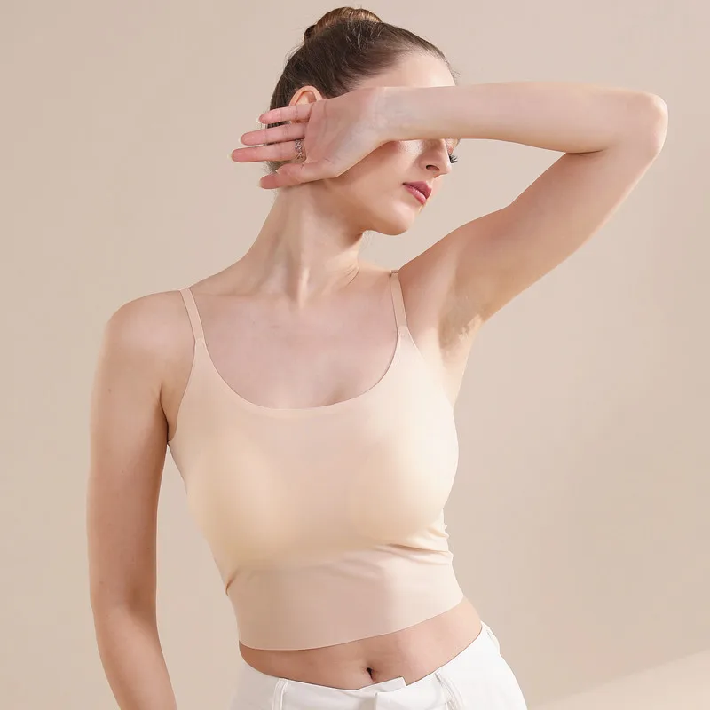 

Seamless Ice Silk Bandeau Bra Built in Padded Camisole with Adjustable Straps Convertible Multi Way Top InnerOuter Wear Tanks
