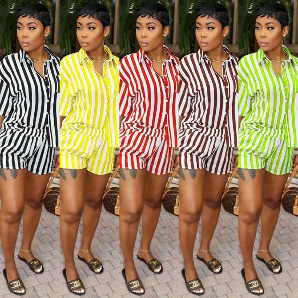 

JH5963 Women's Summer Fashion Striped Printed Suit Two-Piece Set Loose Shirt Independent Station Clothing