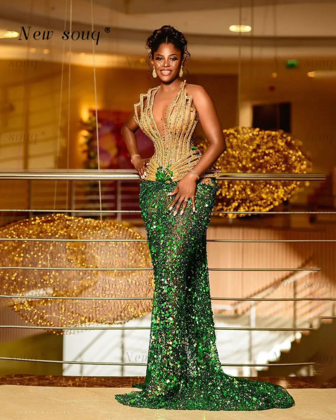 Chique aso ebi sexy ouro & verde lantejoulas vestidos de noite com fenda alta africano brilhante vestidos de festa para meninas negras personalizado