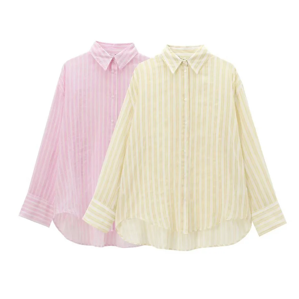

LIBIELIY 2025 Summer New Women's European And American Style Stripe Buckle Decoration Loose And Versatile Long Sleeved Shirt