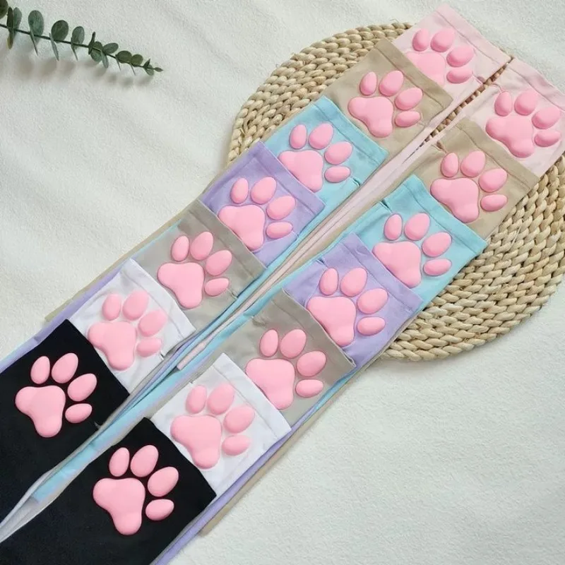 2024 Cute 3D Silicone Pink Cat Claw Paw Pads Soft Fingerless Fluffy Sun Protection Cool Sleeves Cute Gloves Long Tube for Women