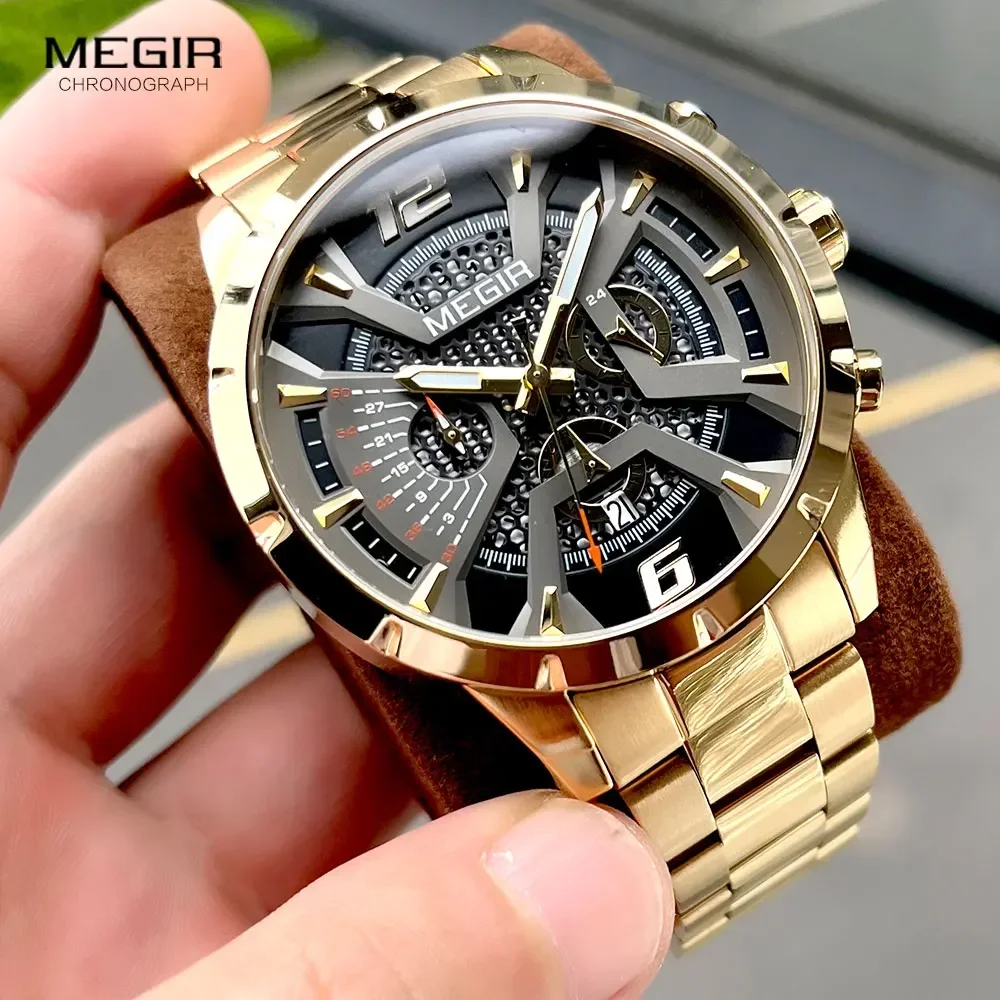 MEGIR Gold Dress Quartz Watch for Men Fashion Waterproof Chronograph Analog Wristwatch with Auto Date Luminous Hands Steel Strap