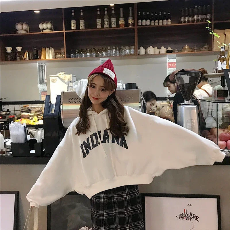 Cropped Hooded Sweatshirt Women Letter Loose Lazy Fall Winter Pullover Hip Hop Long Sleeve Fashion High Street School Tops