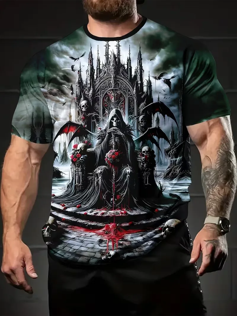 New Skeleton Throne 3D Printed Men's Round Neck T-shirt Summer Casual Men's Street Wear Daily Top Cool Hip Hop Y2k Men Clothing