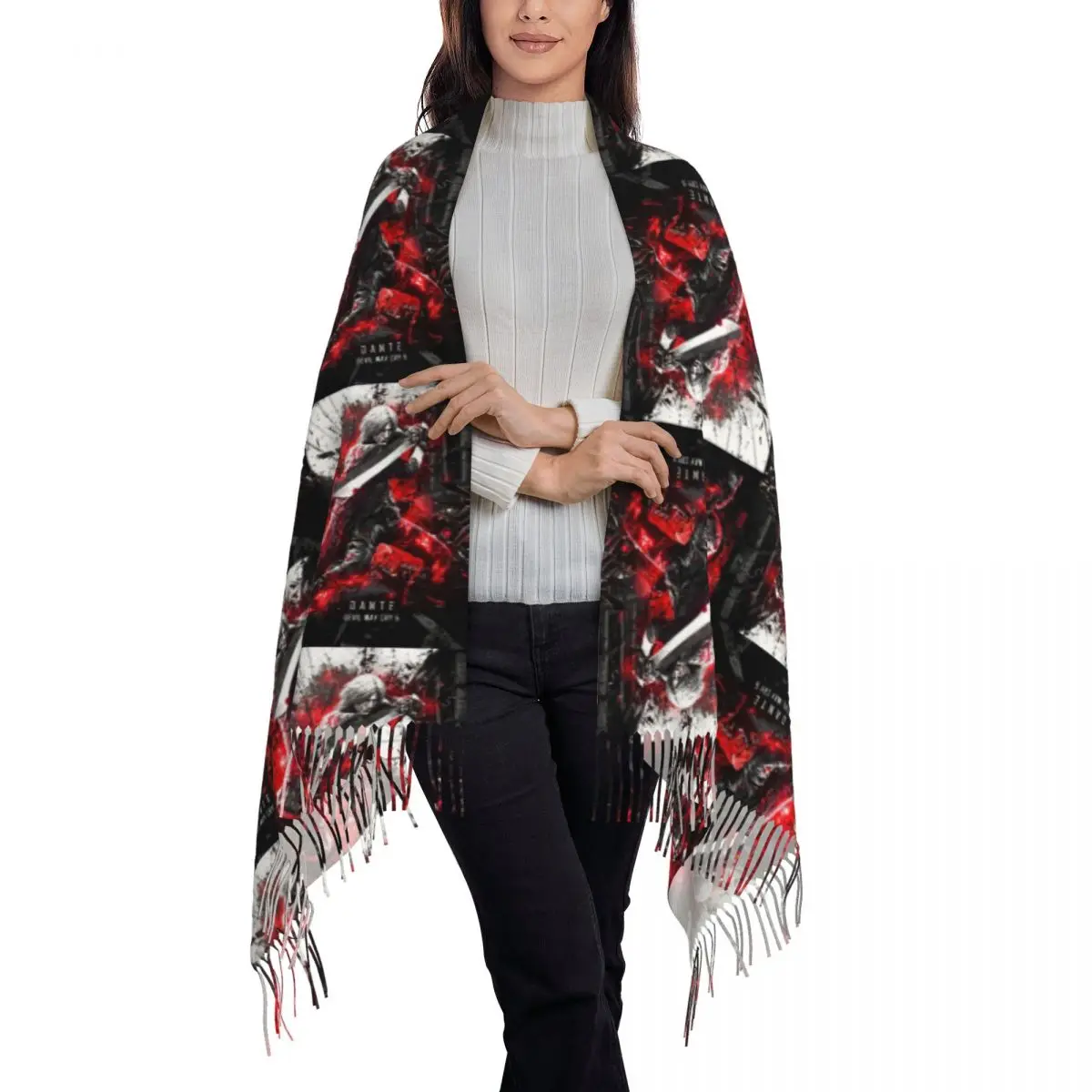 Devil May Cry 5 Dante Scarf Tassel Scarves for Women Soft Warm Shawls and Wraps Long Fall Winter Shawl Wrap