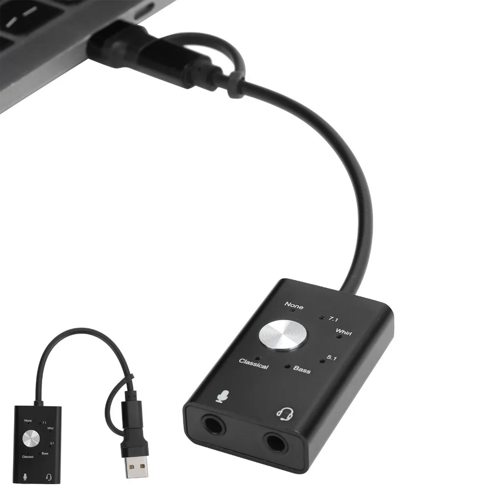 

2-in-1 Audio Interface TypeC to Audio Sound Card 7.1/5.1 Surround Channel External Sound Card USB Audio Adapter Music Playback