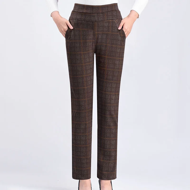 Autumn Winter 5XL Thicken Vintage Plaid Straight Pants All-match Casual Slim High Waist Elastic Woman Fashion Pencil Trousers
