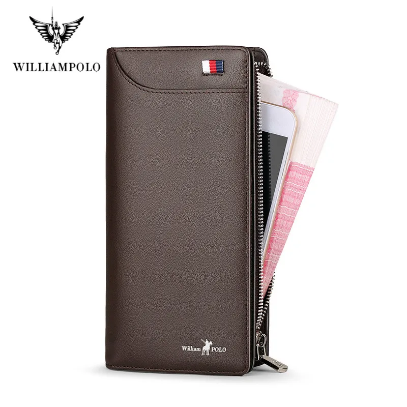 WILLIAMPOLO Men Wallets Long Style High Quality Card Holder Male Purse Zipper Large Capacity Brand Cow Leather Wallet For Men