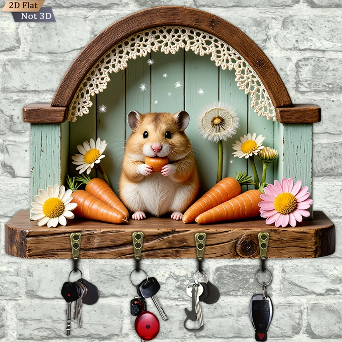 2D Flat, 1pc, Hamster Carrot Key Hook Wooden Multifunctional Home Key Holder with Four Metal Hooks, Wall Decoration, Porch