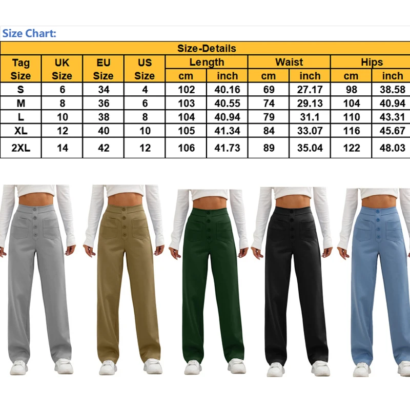 Women's Fashion High Waist Straight Pants with Pockets Solid Color Casual Commuter Trousers Wide Leg Pants Streetwear