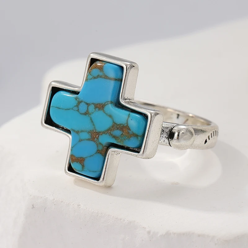 Ethnischer silberfarbener, eingelegter Damenring mit blauem Türkisimitat, geometrisches Muster, für den täglichen Gebrauch, Partyschmuck – Detail 1