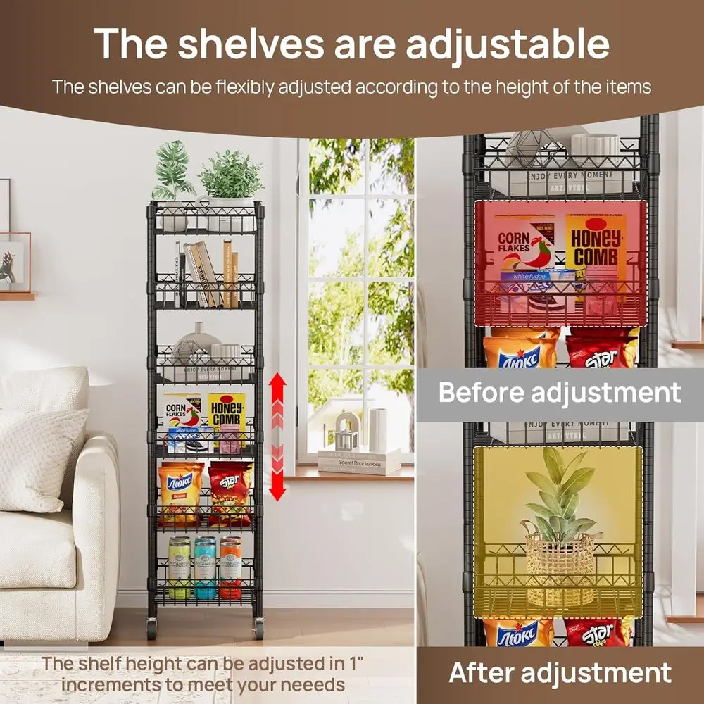 Prateleiras de armazenamento de arame metálico com rodas, 14x14x64,8, para cozinha, armário, lavanderia e organização de garagem, pretas