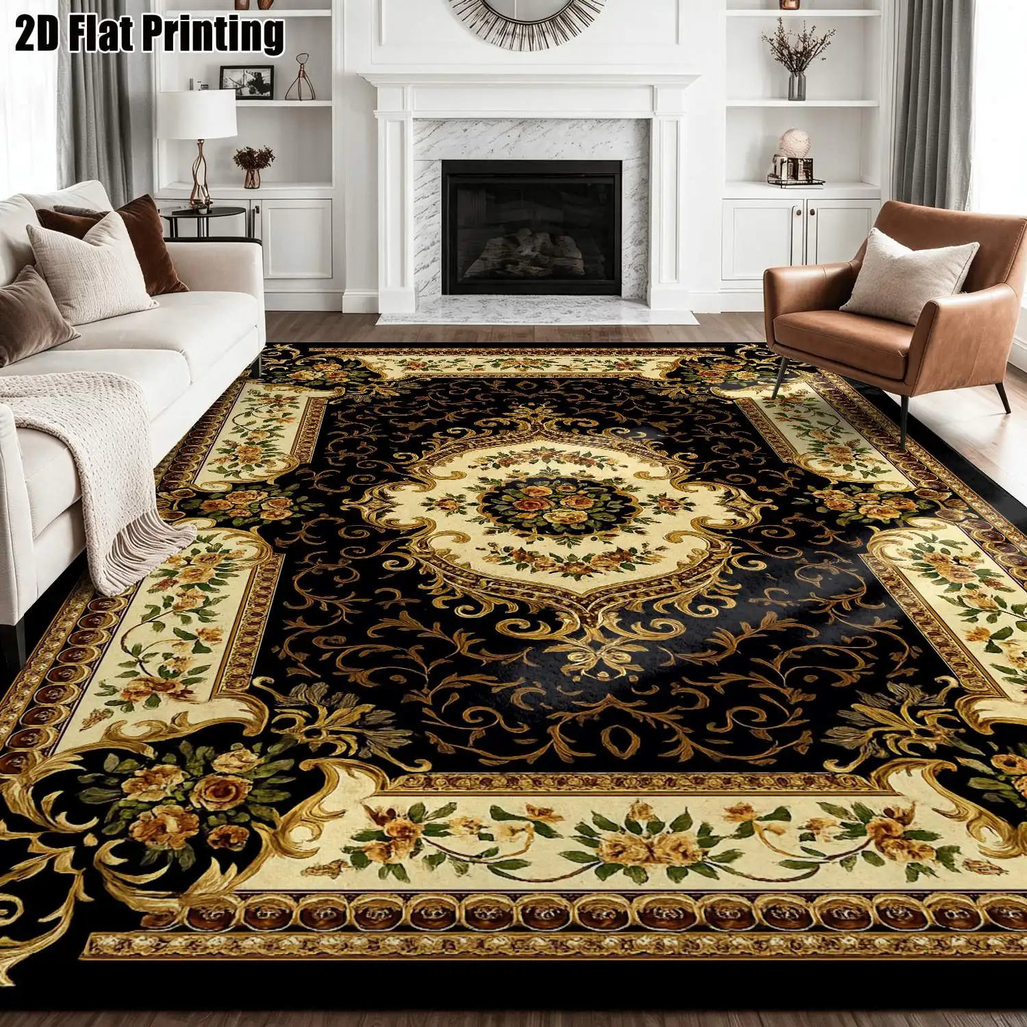 1Pc 2D Printed Black & Gold Floral Retro Pattern Carpet: European/Retro/Geometric Floral Style, Machine Washable, Multi-Size Home Decor Mat for Entrance, Living Room, Bedroom, Dining Room & Foyer