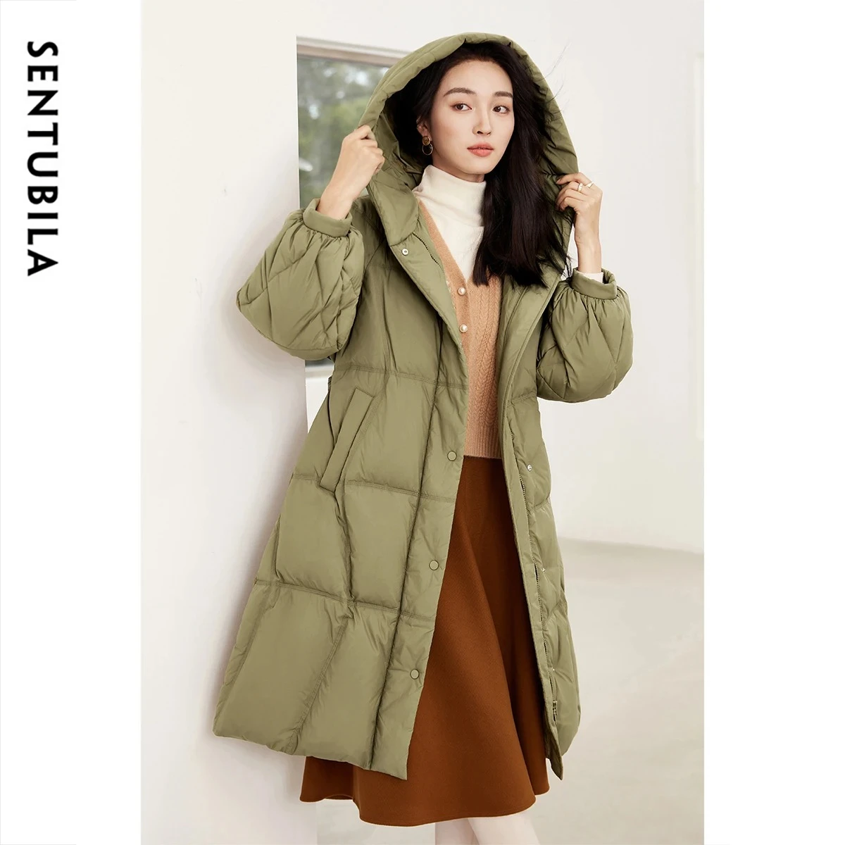 SENTUBILA Women's Luxury Khaki Puffer Coat 2026 Hooded Belted Long Quilted Down Coat Warm Winter Jacket Outerwear W44Y58448X