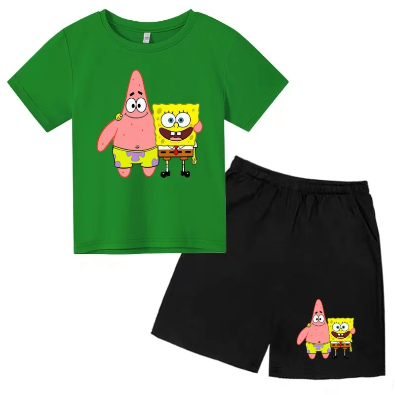 

Kids T-shirt 3-12Years Summer Round Neck Short-sleeved Cartoon SpongeBob Clothes Boy Girl Top+Shorts Two-piece Casual Sports Set
