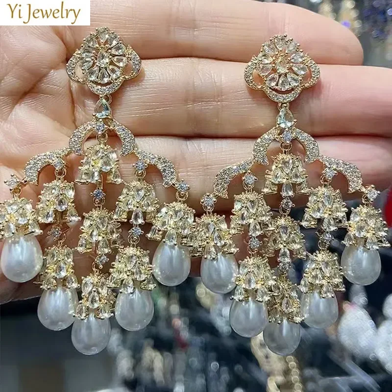 

Pearls Drop Dangle Earrings for Women Wedding Luxury Jewelry Evening Party Big Tassel Earrings Female Gift