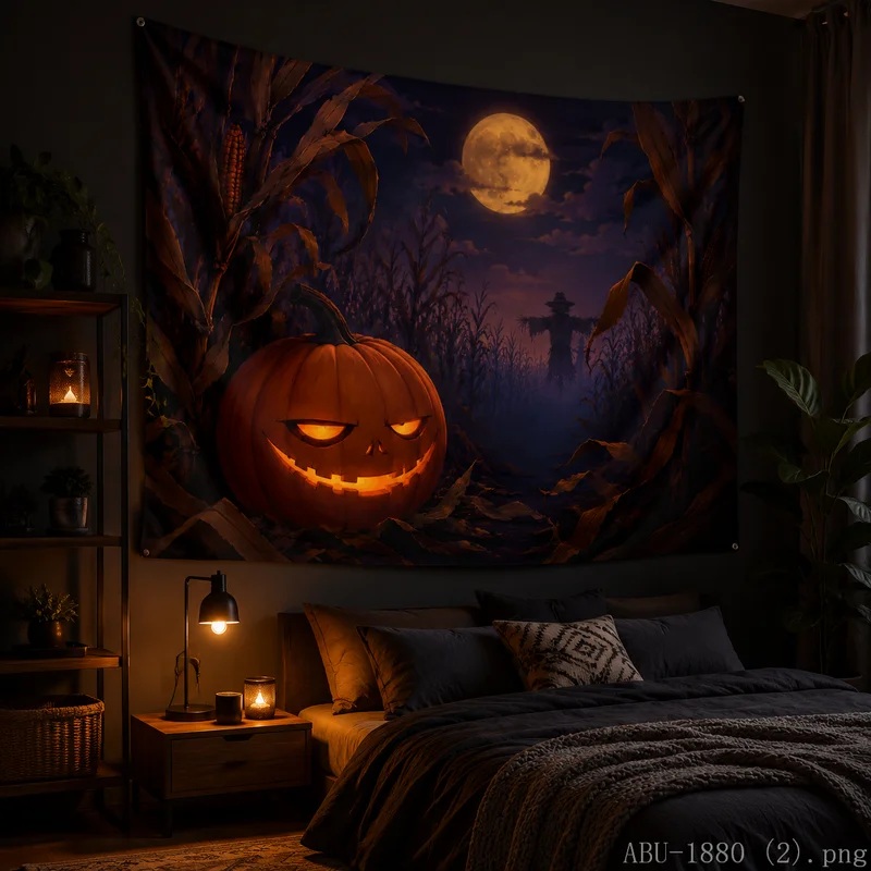VIKAMA Fall Halloween Wall Tapestry Glowing Jack-o-lantern Maple Leaf Art for Dorm Background Decor