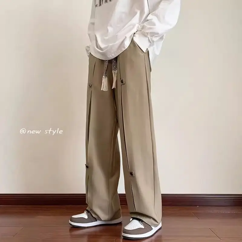 ฤดูร้อนอเมริกันแฟชั่นแบรนด์ Breasted Design Casual Men's Draped High Street ตรงกางเกง