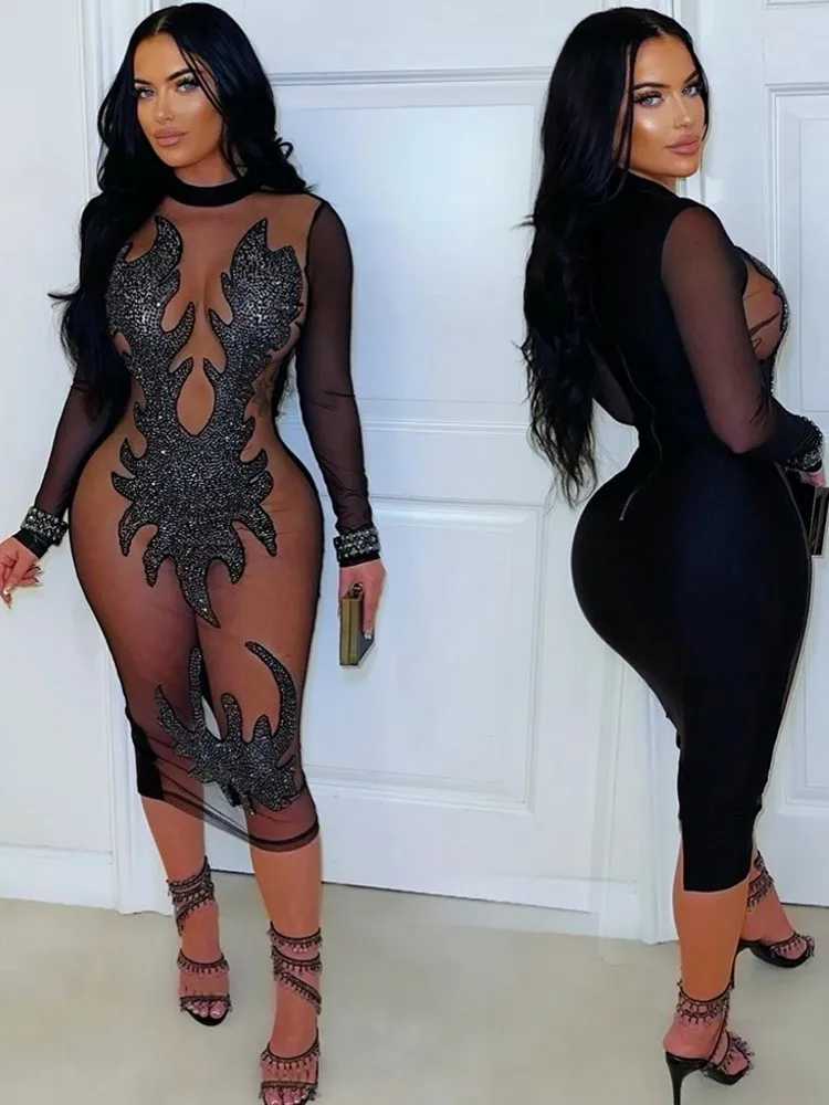 ชุดเดรสยาวแขนยาวสีดำแบบหรูหรา ปี 2026 เสื้อผ้าผู้หญิง ชุดลำลองสำหรับงานปาร์ตี้ งานเลี้ยงตอนเย็น ชุดเดรสทรงดินสอซีทรูวิบวับ เซ็กซี่