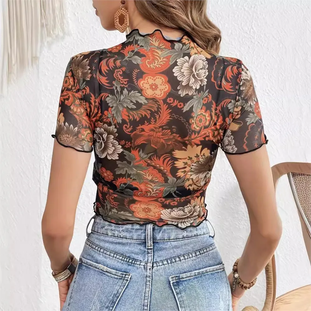 Mesh Printing Flower Wood Ear Short Sleeve T-shirt Thin Top Women Vestiti Donna Camisetas De Manga Corta T Shirts For Womens