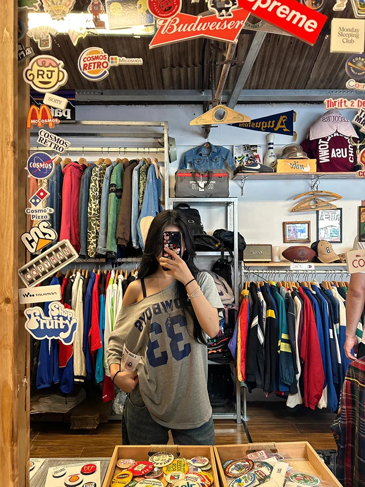 

Ретро американский oulder Bared T irt Women ort Sve Summer New Loose Design Sense Top Street Sle Cotton 00%