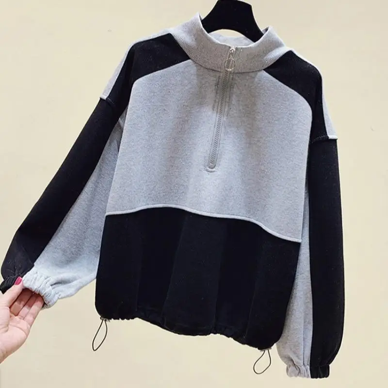 2023 New Spring and Autumn Thin Design Feeling Small and Loose Relaxed Hem Drawstring Oversize Contrast Color Mock Neck Sweater