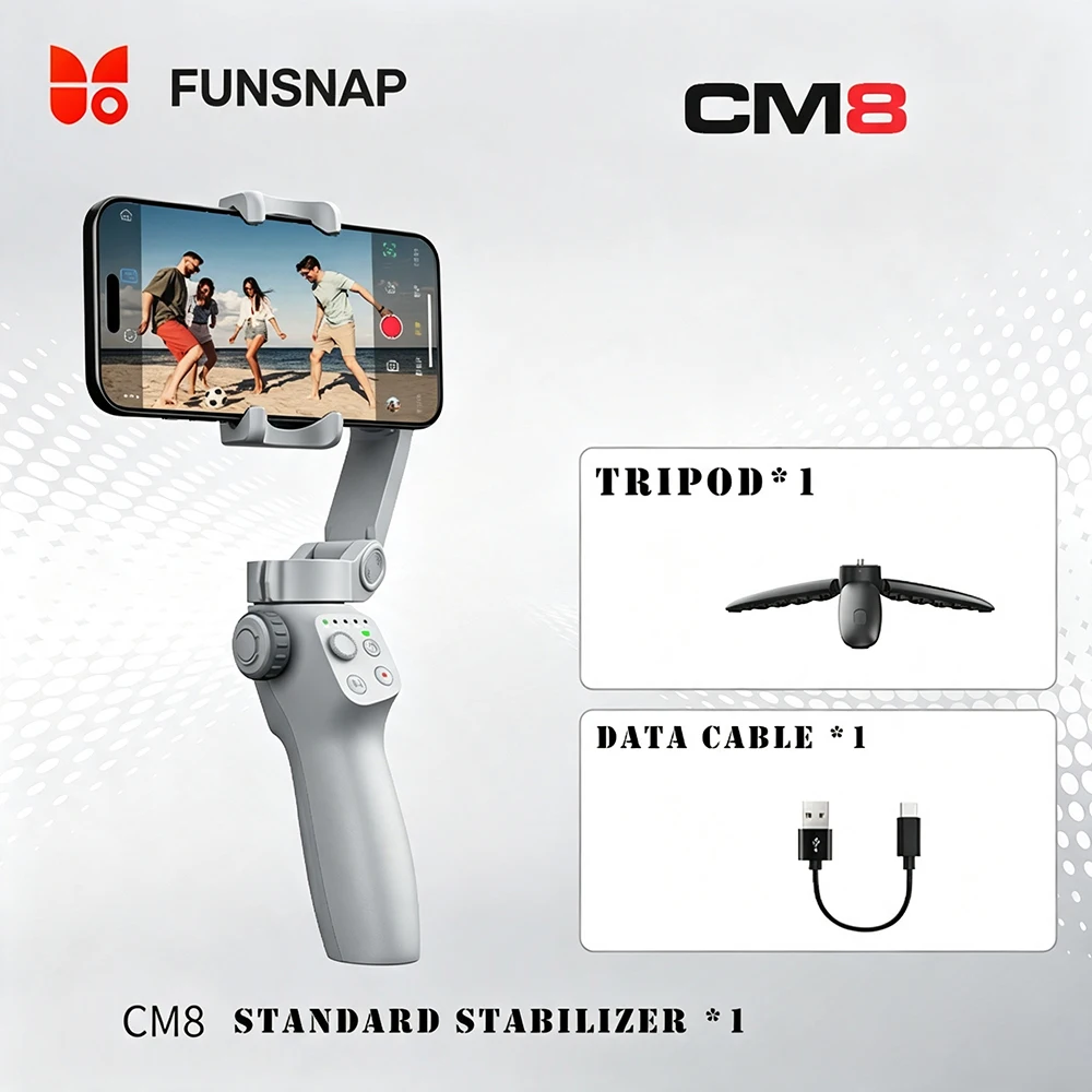 FUNSNAP CM8 3-assige handheld gimbal-stabilisator voor iPhone en Android, opvouwbare telefoonstabilisator voor video-opnames, batterijduur van 8-10 uur, AI gezichtsvolging, perfect voor het streamen