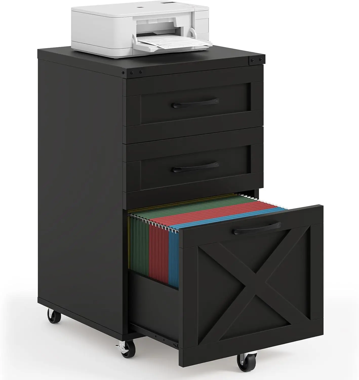 

3 Drawer Small File Cabinet with Wheels, Farmhouse Vertical Filing Cabinet Fits A4/Letter Size, Under Desk Rolling File Cabinets