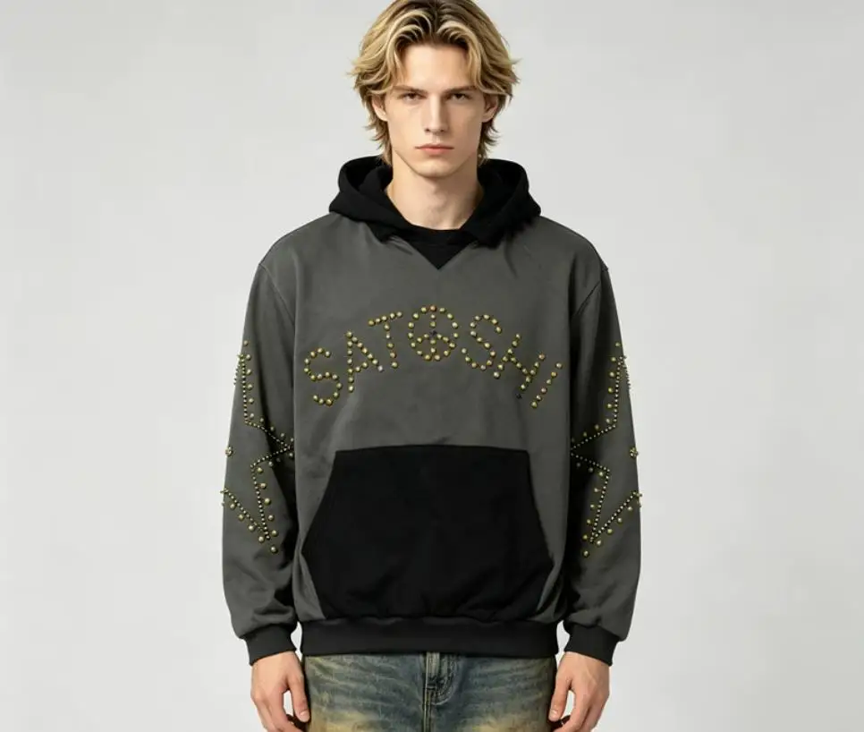 2026 SATOSHI NAKAMOTO Contrast Color Heart-Shape Collar Stud Classic Letter Retro Distressed Hooded