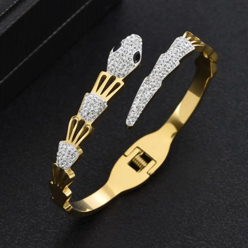 New Brand Snake Heart Women Girls Wedding Party Open Cuff Bangles Stainless Steel Charm Crystal Fashion Bracelets Pulsera