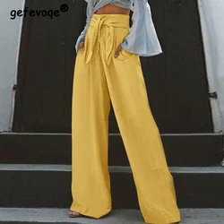 Damen bekleidung Vintage Schnürung Baumwolle Leinen weites Bein Hosen weibliche Mode hohe Taille gerade Hose lässig lose Pantalones