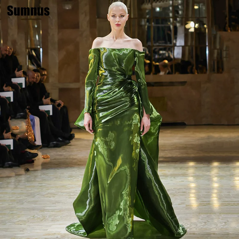 

Sumnus Elegant Straight Evening Dresses Off Shoulder Silk Satin Long Sleeves Formal Dresses فساتين سهرة Customized