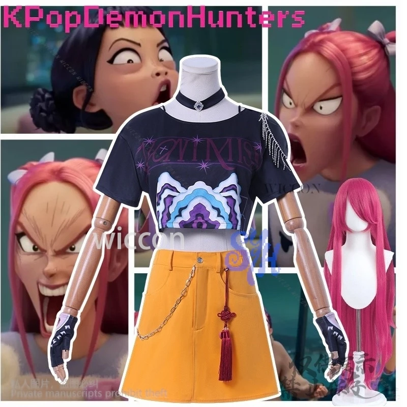

Huntrix Mira Cosplay Anime Movie Demon Kpop Idol Stage Costume Girls Power Groups Cos Mini Dress Jirai Kei Uniform Wig Halloween
