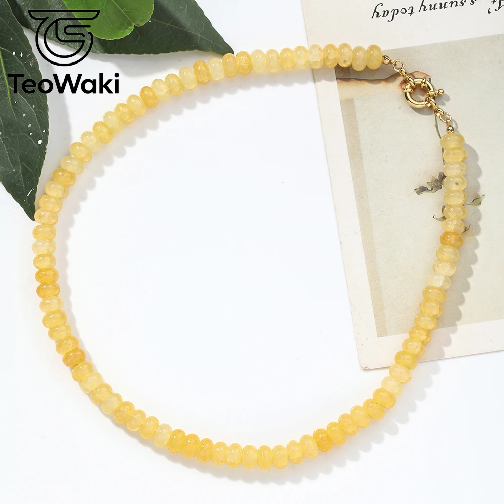 TeoWaki Natural Stone Dainty Yellow Jade Crackle Crystal Flat Beads Necklace Steering Wheel Soft Tone Collarbone Accessory 40cm