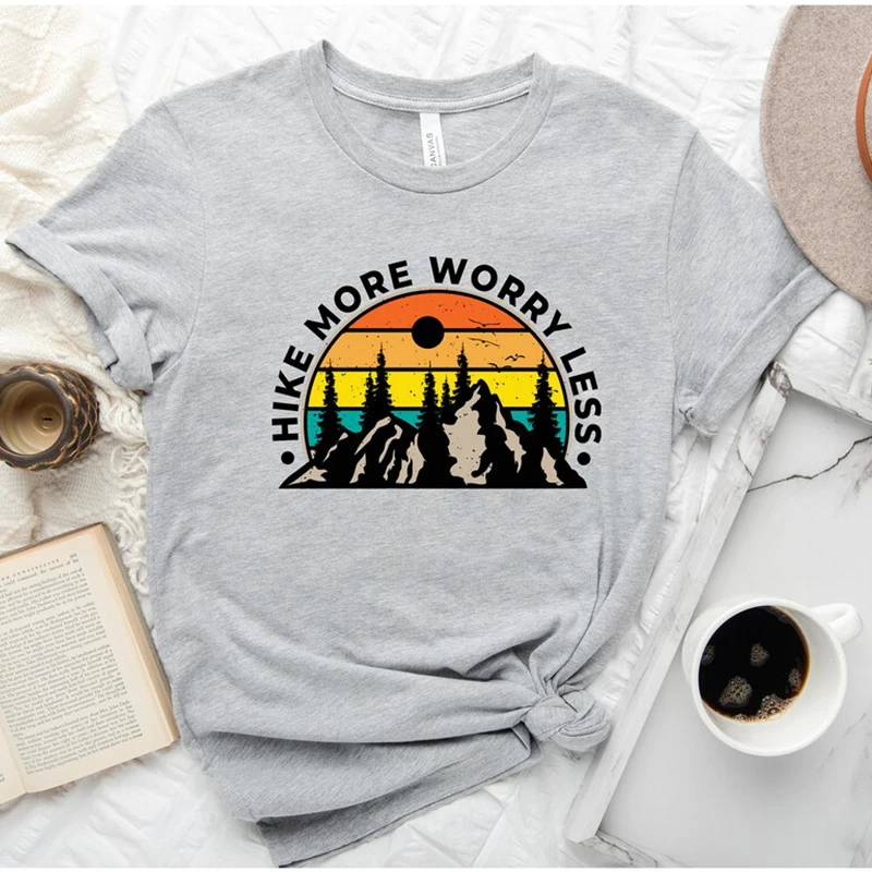 

Hike More Worry Less Women T Shirt Mountains Are Calling Religious Clothes Female Camping Outside T-shirt Christian Dropshipping