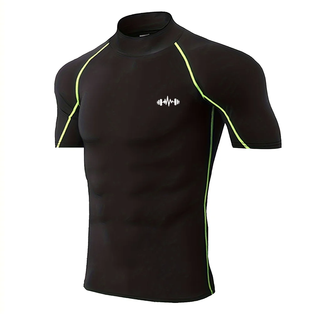 薄型通気性弾性フィットネス Tシャツジム筋トレタートルネックタイト半袖メンズランニングスポーツトップ S-3XL