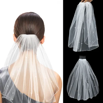 신부 화이트 얇은 명주 그물 짧은 부드러운 진주 베일, 웨딩 헤어 액세서리, 암탉 파티 장식, 신부 샤워 사진 소품 선물, 1 개