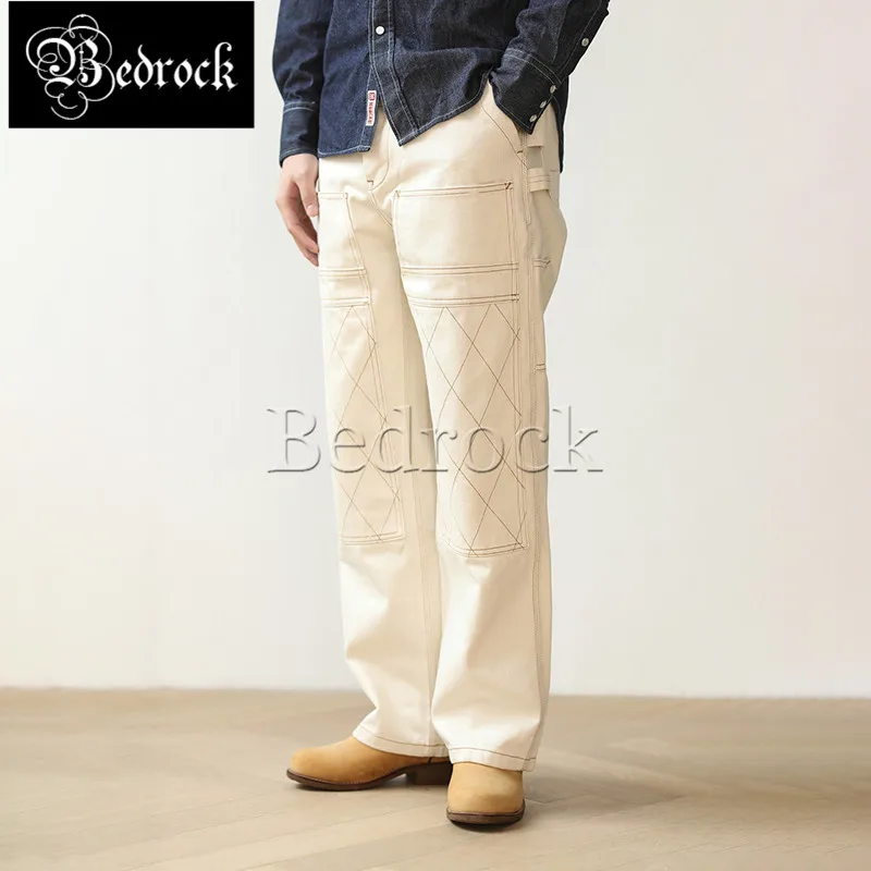 MBBCAR 15oz Selvedge Denim Jeans White Men Washed Double Knee Riding Pants Beige Vintage Buckle Back Wide Leg Cargo Pants 7471