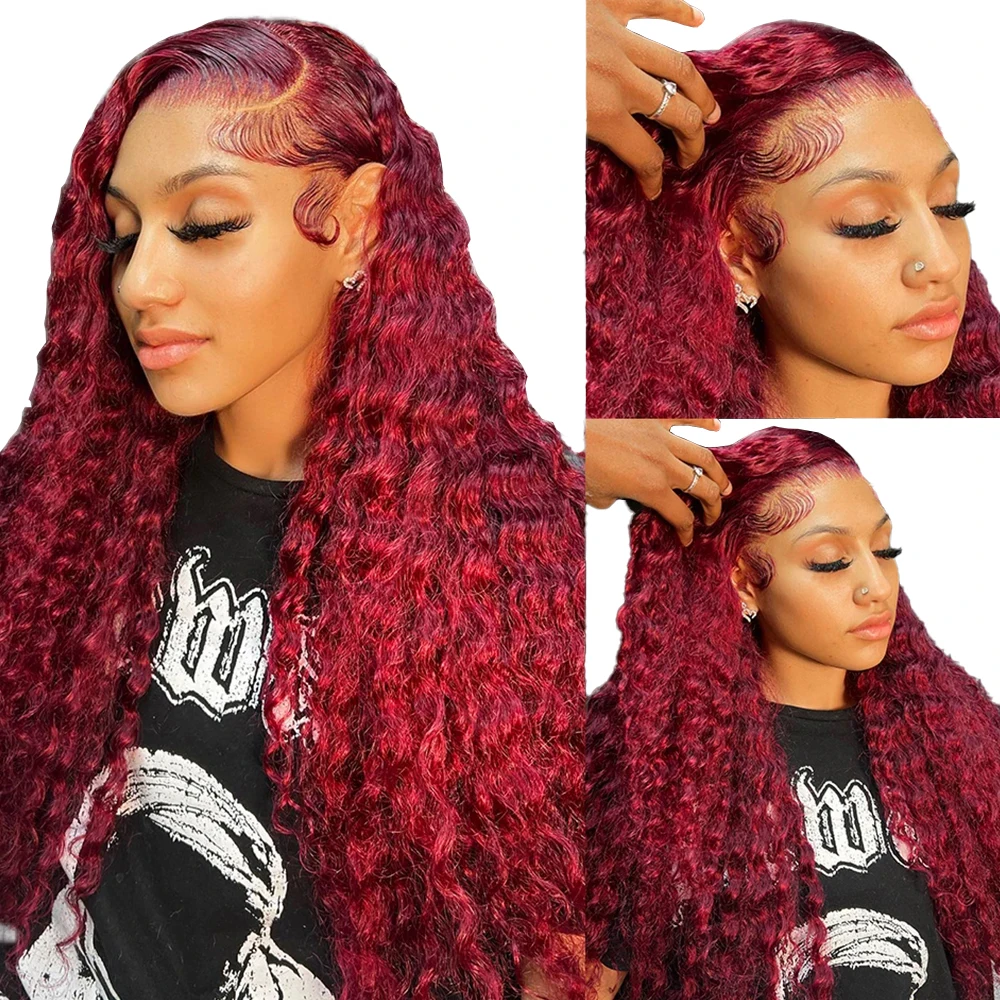 Venta de liquidación: pelo rizado pequeño rojo vino de 18-26 pulgadas, pelo sintético de encaje frontal 13x4, adecuado para pelucas tejidas a mano para mujeres
