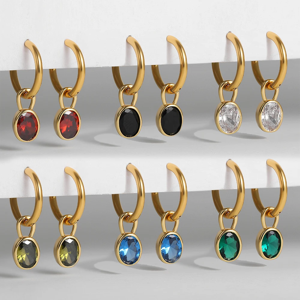 Delicate Multicolour Oval Zircon Crystal Hoop Earrings Gold Plated Small Circle Huggies Female Jewelry Stainless Steel
