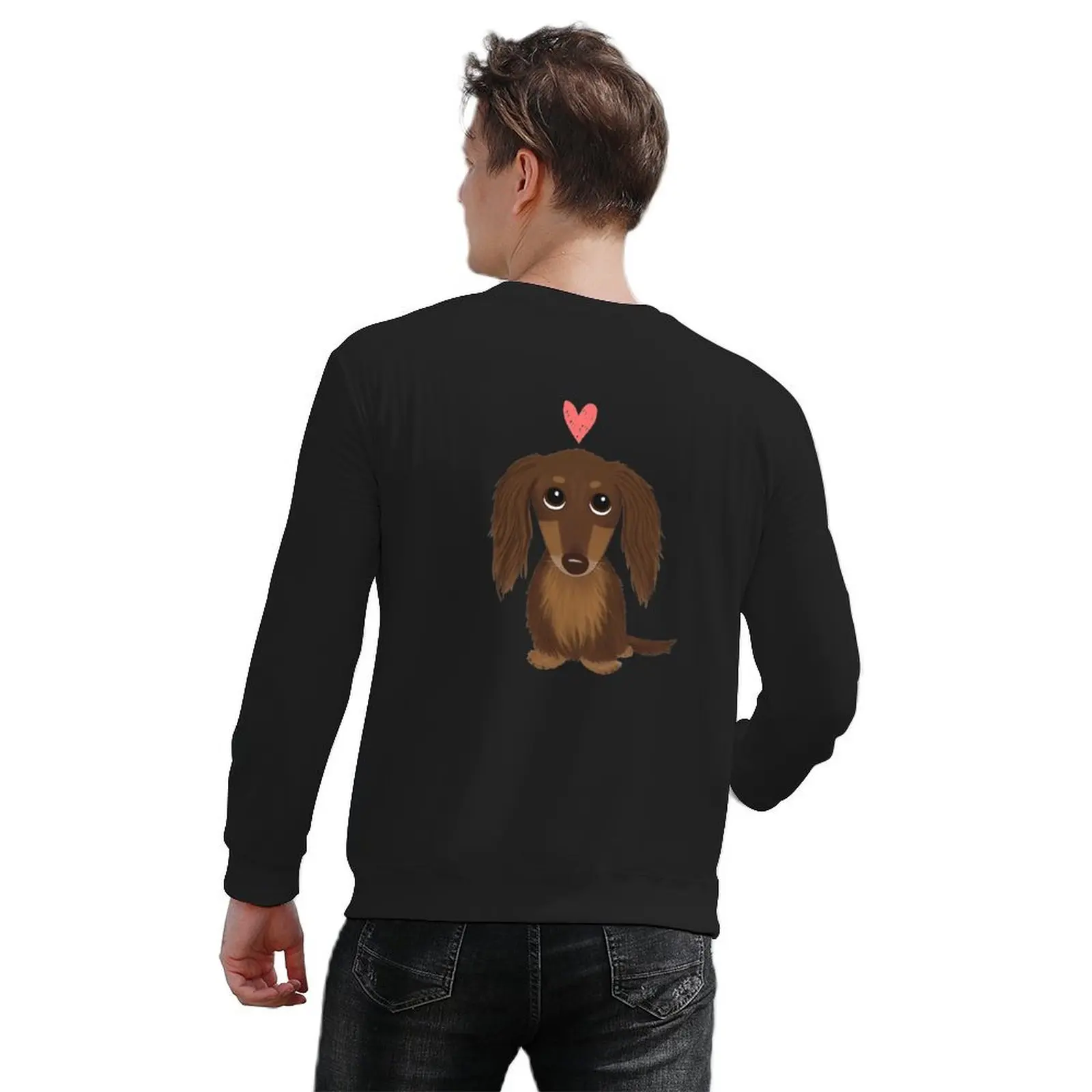 لطيف الكلب Longhaired الشوكولاته Dachshund Wiener الكلب مع القلب السترة الملابس الجمالية بلوزات الرجال