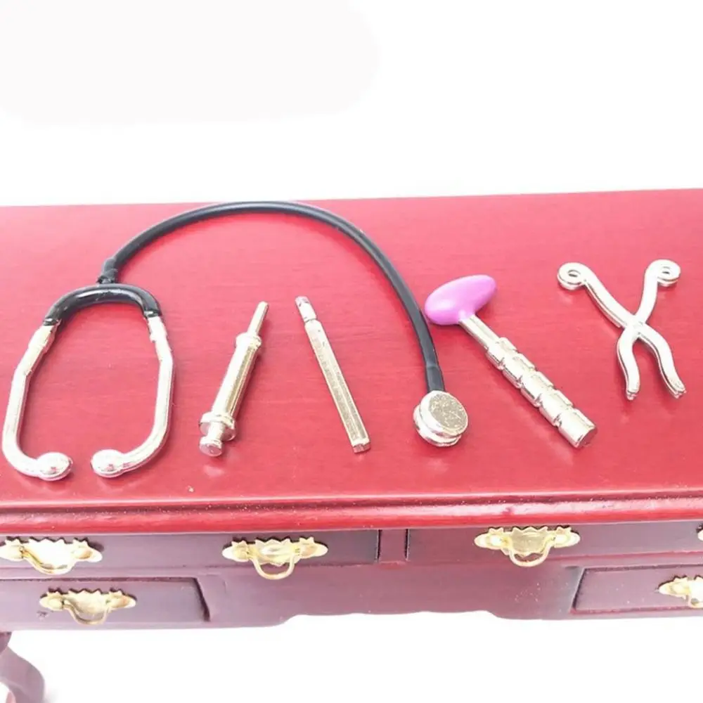 1/6 1/12 Scale Dollhouse Stethoscope Set Doctor Nurse Doll Accessories Miniature Medical Appliances Kids Toy Alloy