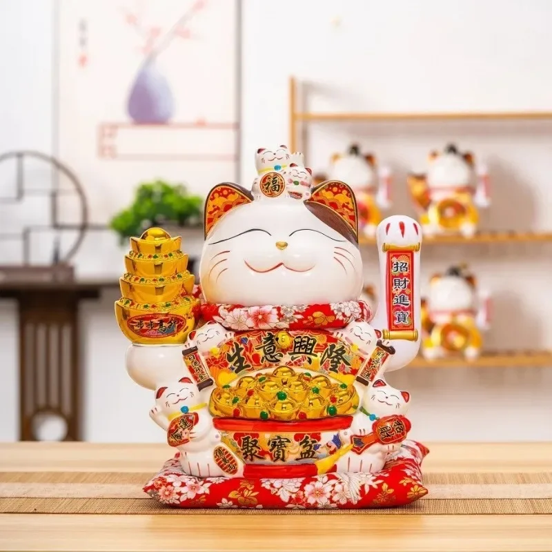 Ceramic Lucky Cat Maneki Neko Waving Hand Cat Battery Powered Fortune Statue Gift Accessories Kawaii Home Room Cat Decoration