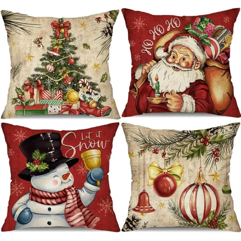 Christmas pillowcase 18x18 inches, set of 4 Christmas tree gift balls, decorative pillow cover