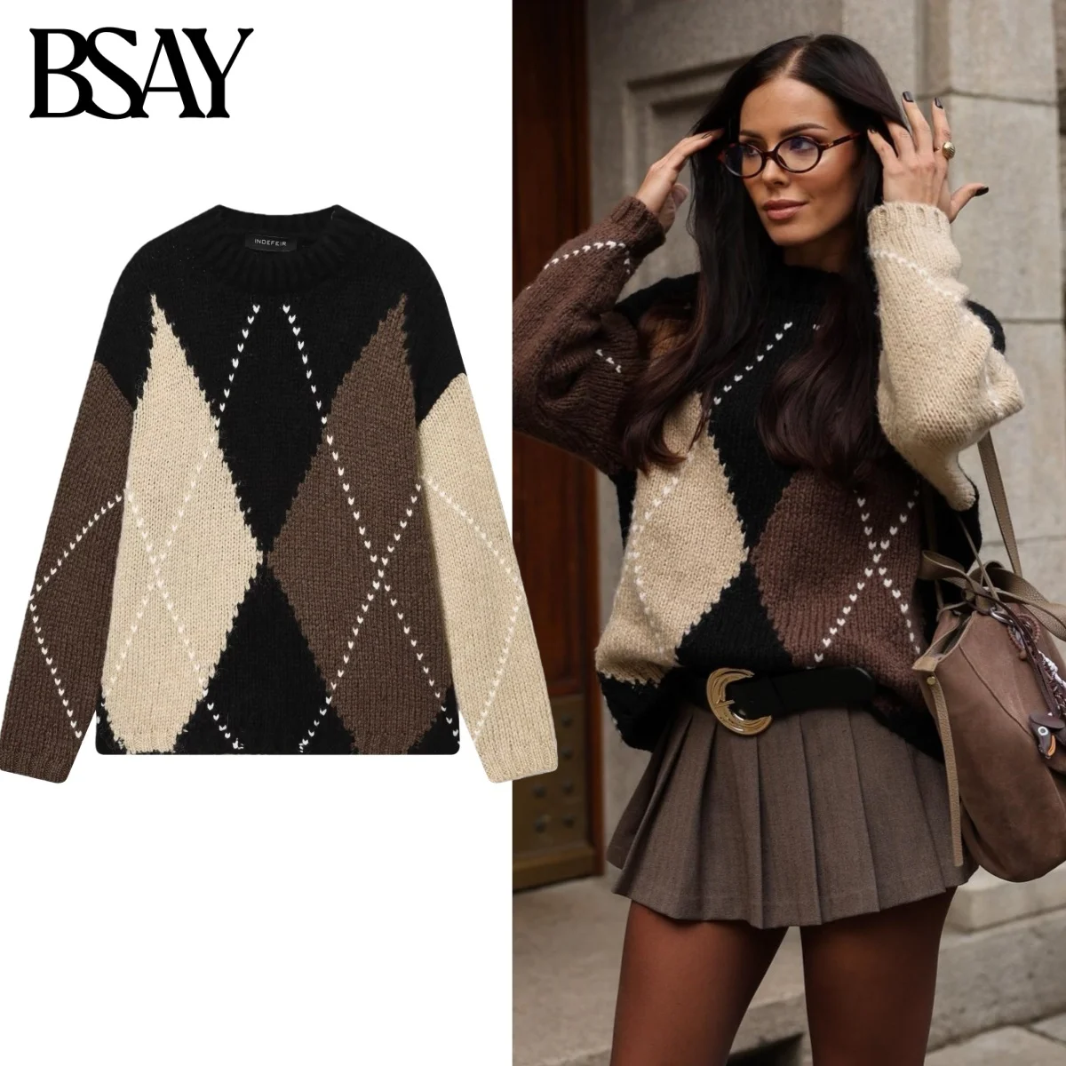 

BSAY Diamond Pattern Knitted Sweater for Women Fashion Autumn Winter New Long Sleeves Tops Chic Female Knit Sweaters Mujer
