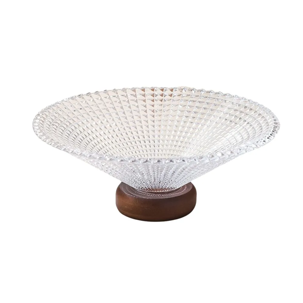 

Elegant Transparent French Glass Berry Tray Large Capacity Decorative Fruit Plate Wood Base Crystal Snack Platter Living Room